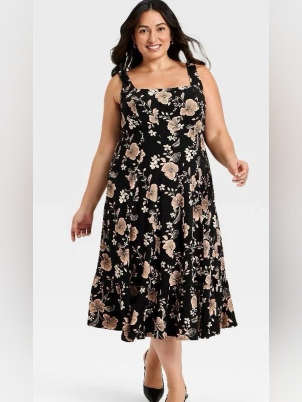 NWT Ava & Viv Black Tan Floral Midi Dress Size 26 Fit Flare A-Line Cottagecore